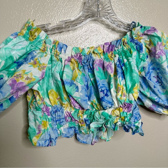 ZARA Mint Green Floral Cropped Off Shoulder Top Size Medium - Picture 2 of 4